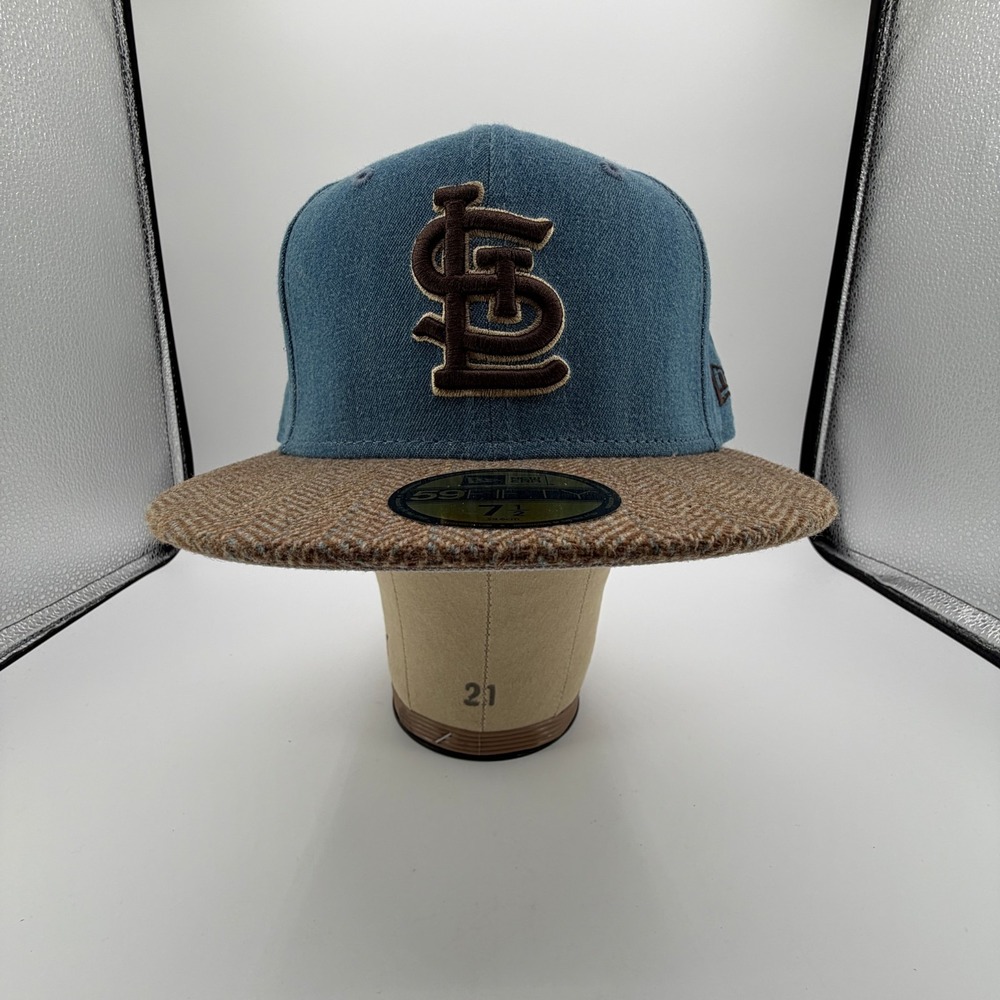 St. Louis Cardinals Fitted Hat Sz 7 1/2 New Era 59FIFTY Blue Denim Tweed Cap NEW - Picture 3 of 11
